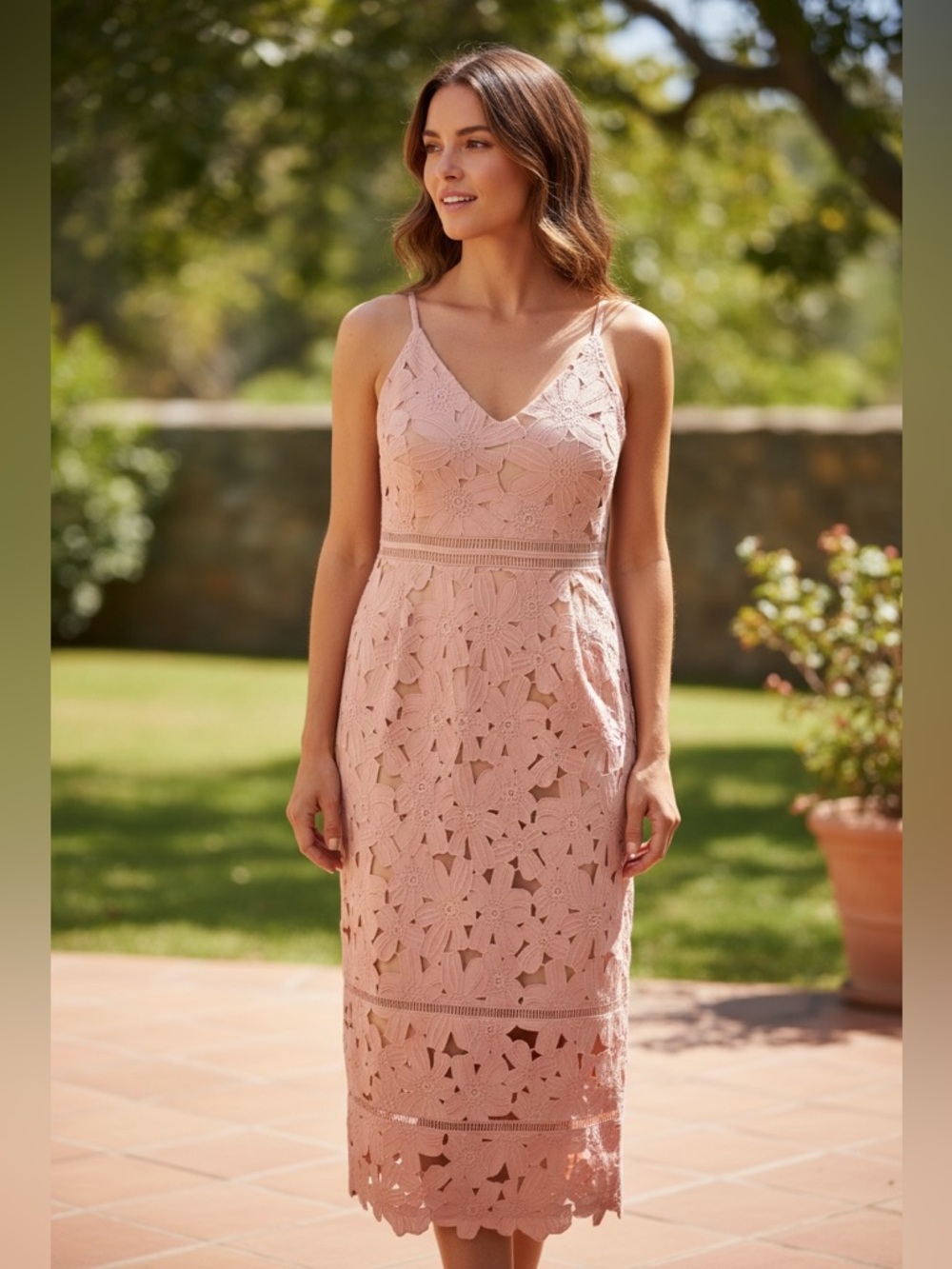 Lace Cut Out Midi Dress in Blush Pink